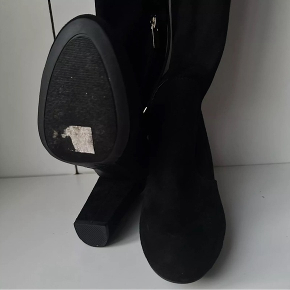 Bamboo Women Black Over Knee Heeled Boots block Heels With Straps Size 9 Zipper - Picture 9 of 10